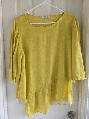 Saga Made In Italy‎ Womens Yellow Linen Blend Casual Asymetrical Blouse Size M
